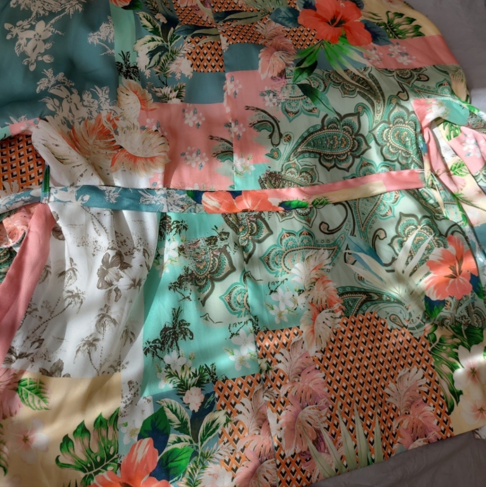 Zara‎ Women's SZ Sm. Satin Floral tie kimono jacket green orange Coral lined - Picture 9 of 10